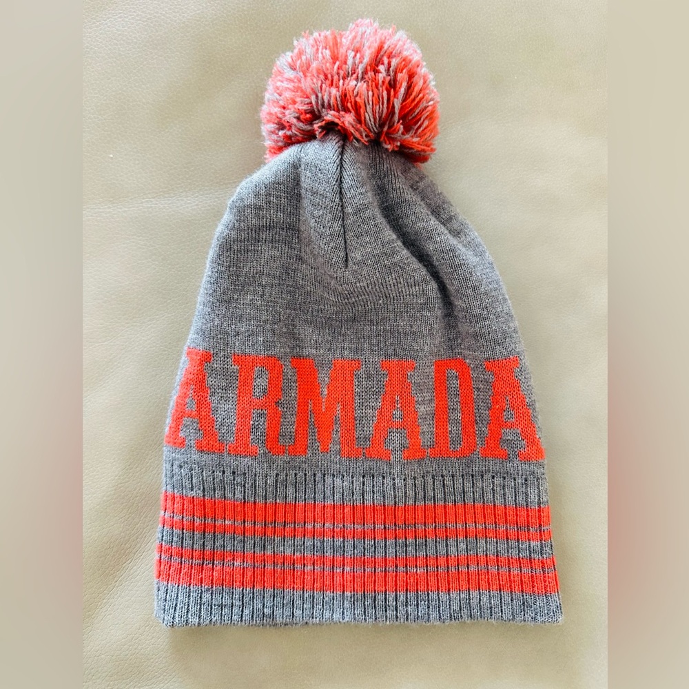 Armada Ski Hat Cap Coral Pink Gray Knit Beanie with Pom